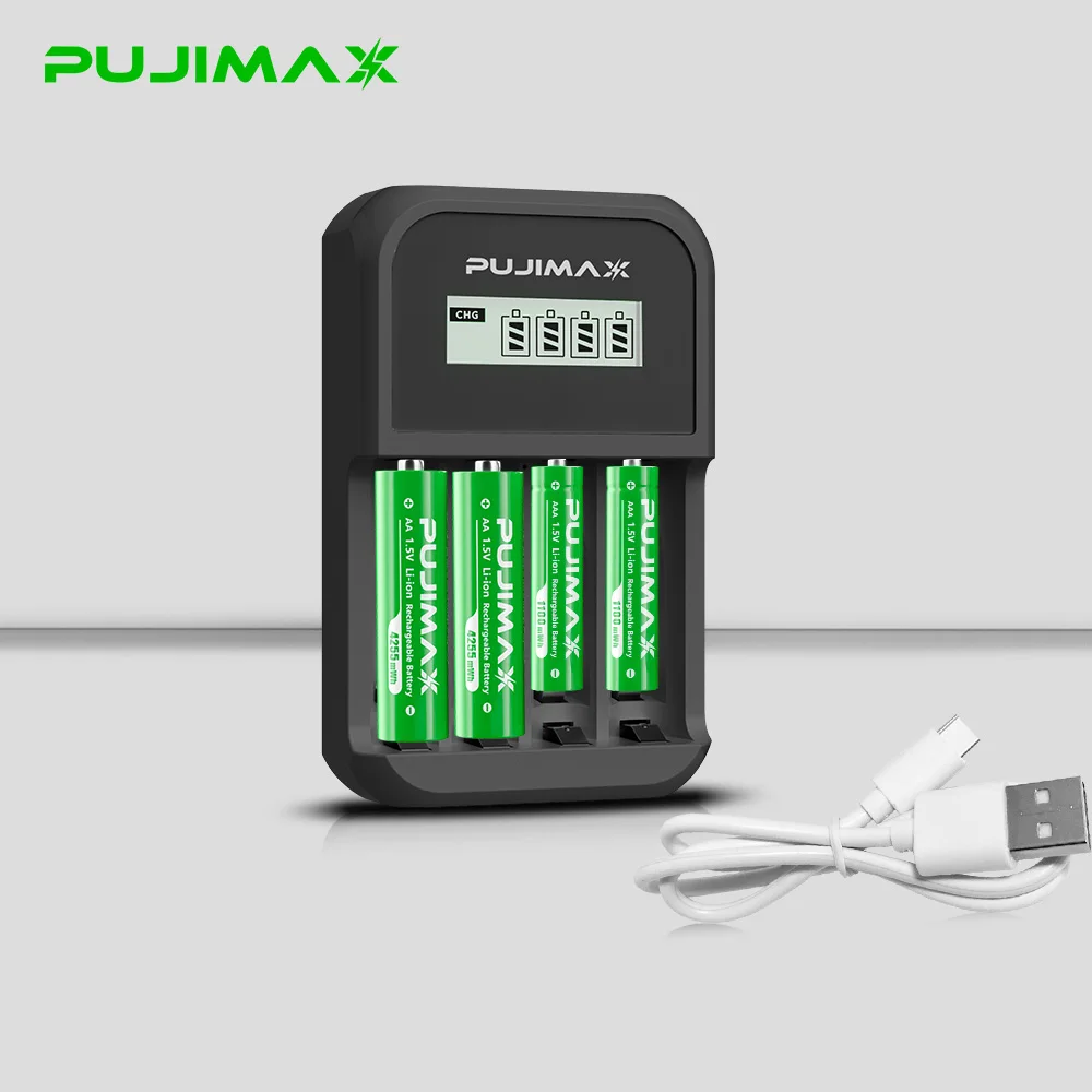 PUJIMAX شاحن بطارية 4 فتحات شحن سريع ل AA/AAA بطارية قابلة للشحن شاحن يو اس بي 1.5 فولت 1100mWh 4255mWh بطاريات ليثيوم