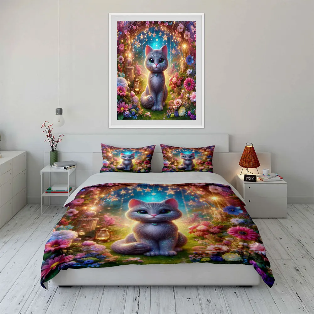 3pcs Sparkling Cat in Enchanted Garden Duvet Cover Set with 3D Printing Design Soft Polyester Bedding Set All-Season Comfort
