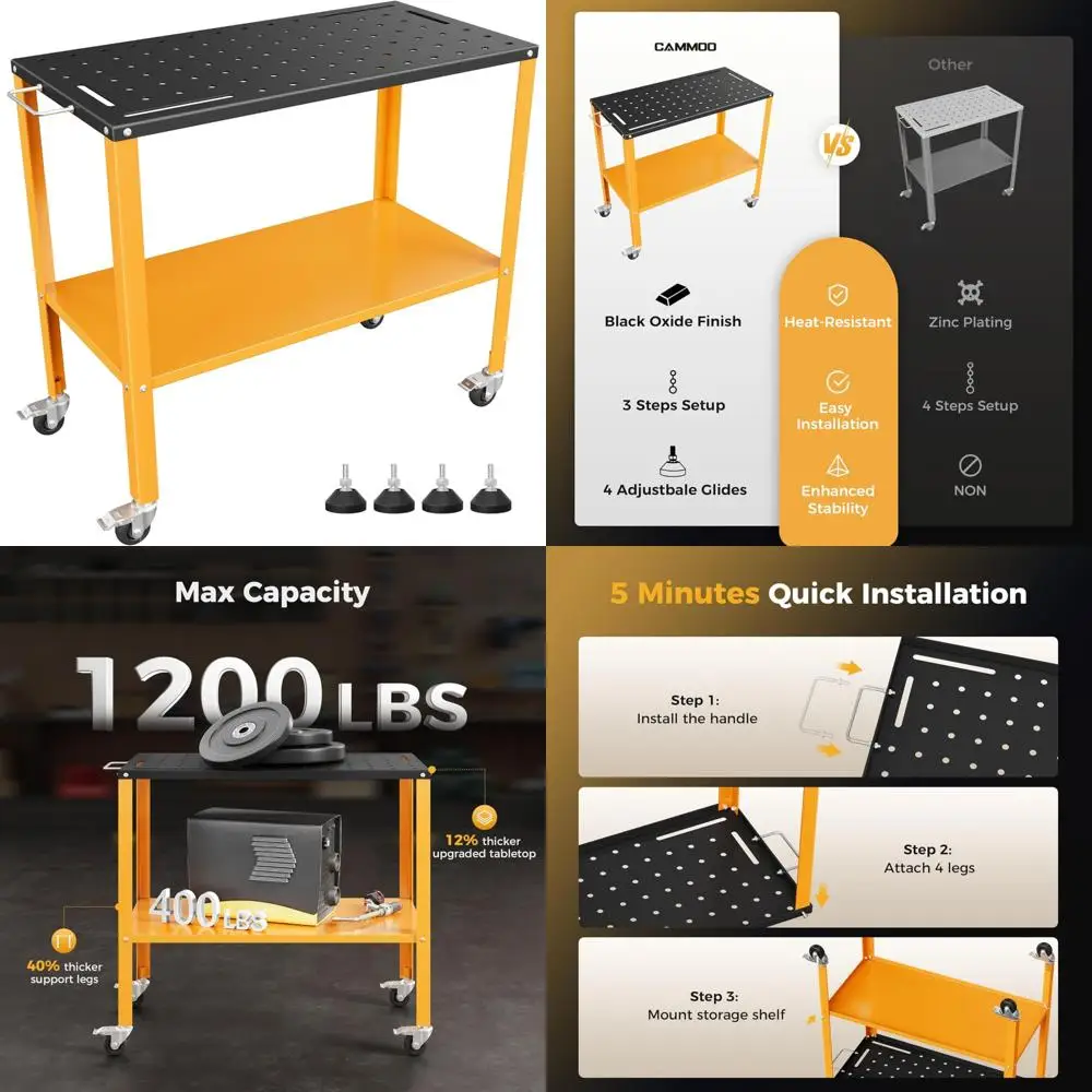 طاولة لحام شديدة التحمل مقاس 36 × 18 بوصة مع لمسة نهائية من أكسيد الأسود وعجلات قابلة للقفل وصينية تخزين وأربعة أدوات متضمنة