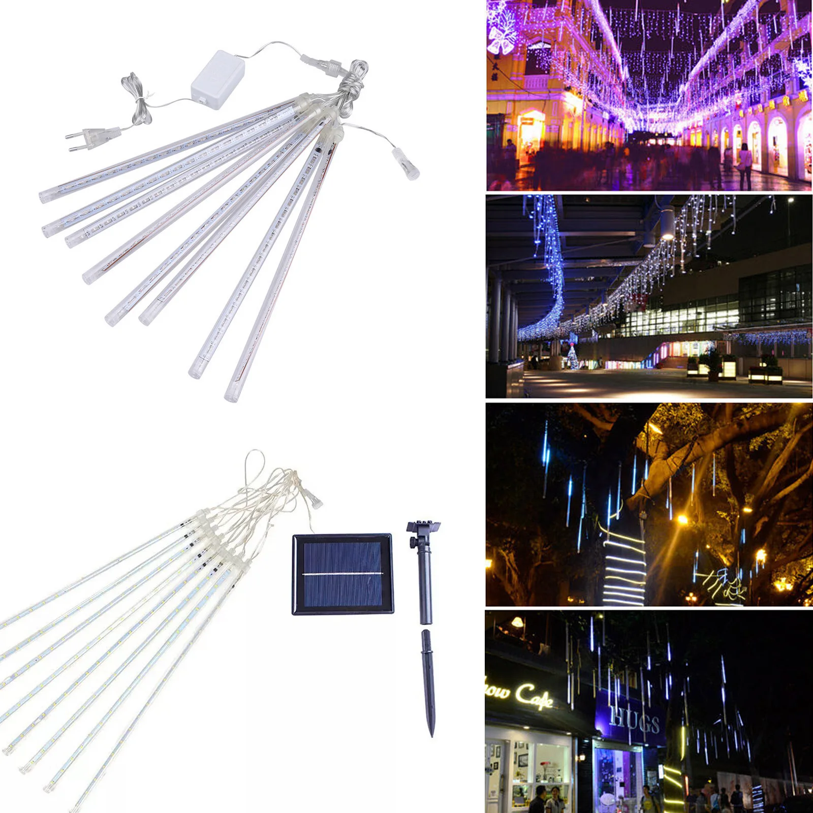 Luz LED Solar de lluvia de meteoritos, iluminación de 30cm, 8 tubos, enchufe europeo, impermeable, para exteriores, jardín, calle, guirnalda, decoración de fiesta de vacaciones de Navidad