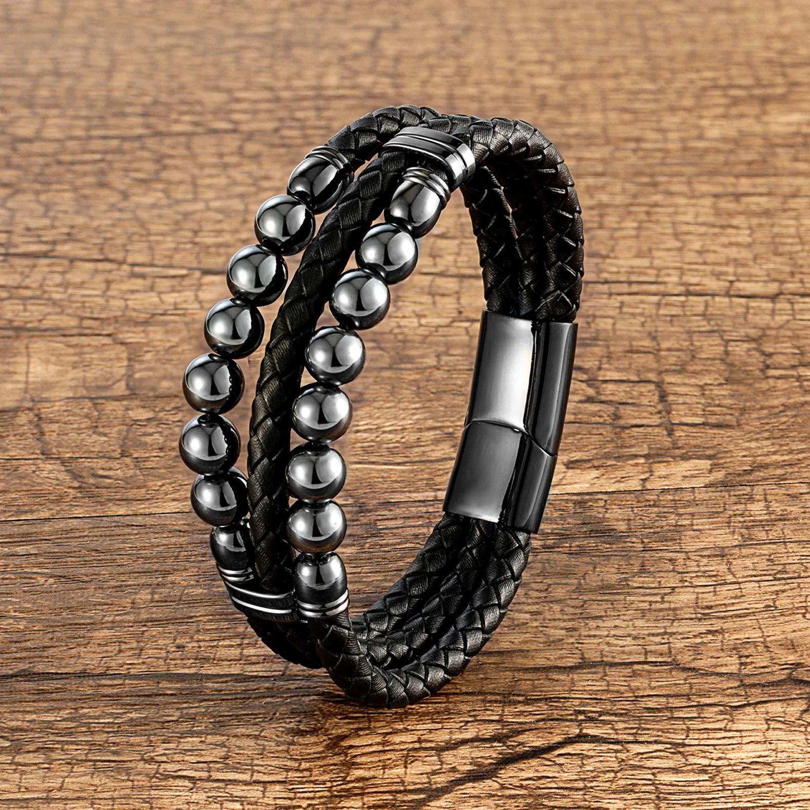 High Quality Natural Round Lava Stone Charm Bracelet For Man Retro Multilayer Leather Bangles Tiger Eye Jewelry Bracelet Homme