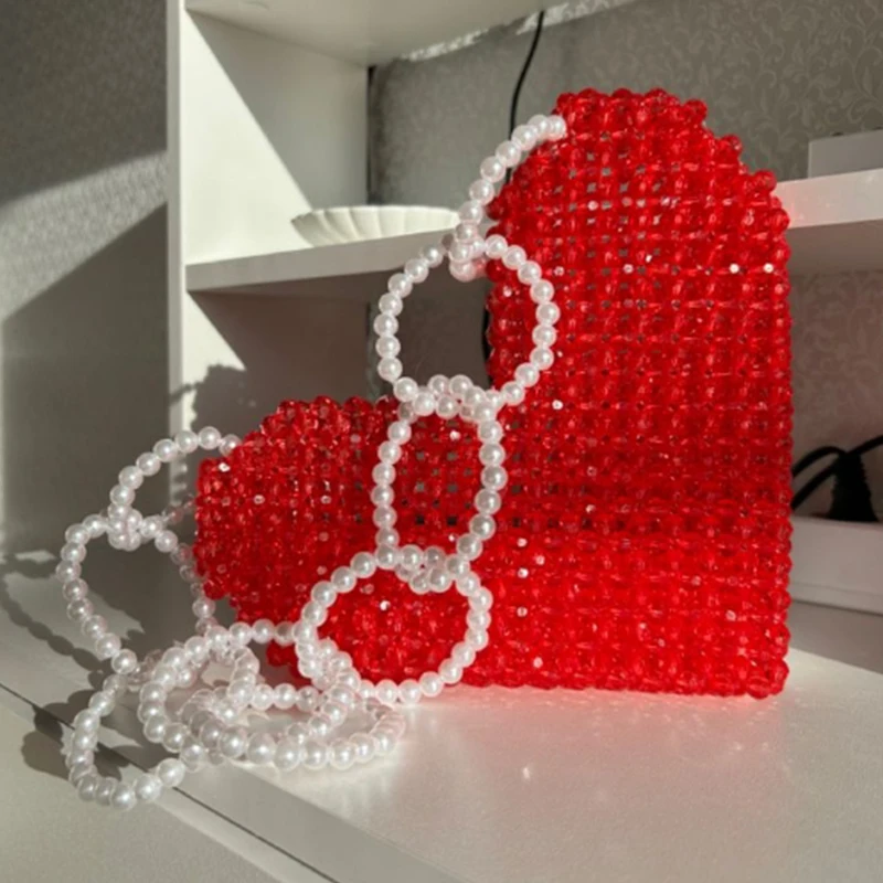 

Pearl Bead Handwoven Fashionable Exquisite Ladies Handbag New Ins Red Love Women's Bag 2024 Valentine's Day Party Banquet Bags