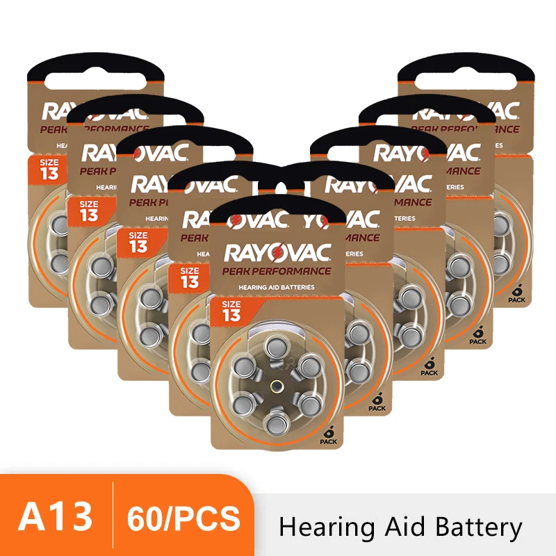 Hearing Aid Battery 60PCS RAYOVAC PEAK Zinc Air Batteries 1.45V.13A A13 13A 13 P13 PR48 Battery For BTE CIC RIC OE Hearing Aids