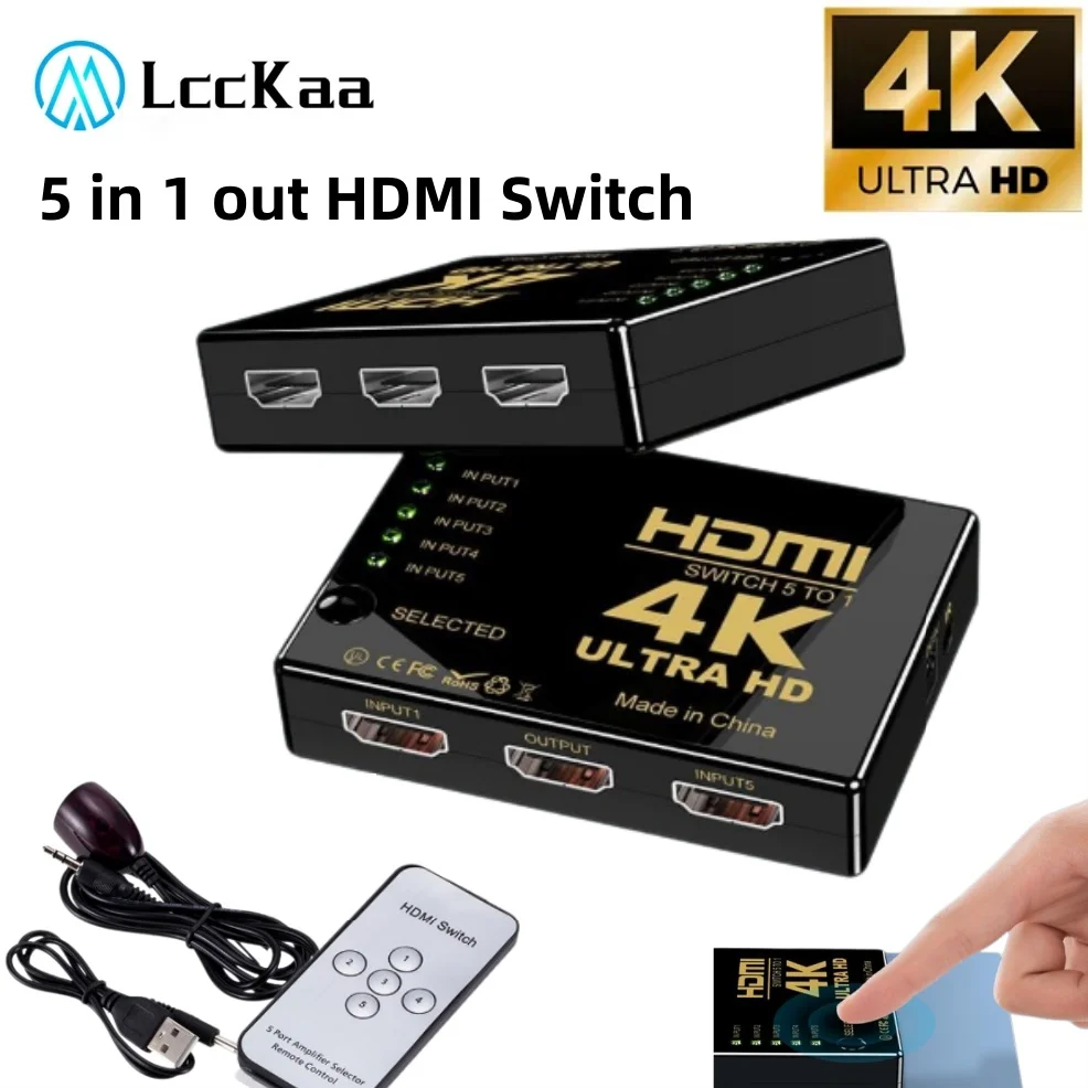 4K HDMI-Switch mit 5 Eingängen und 1 Ausgang, Ultra-HD-Video-Umschalter mit Fernbedienung und Tastenschalter für Smart Box/Computer
