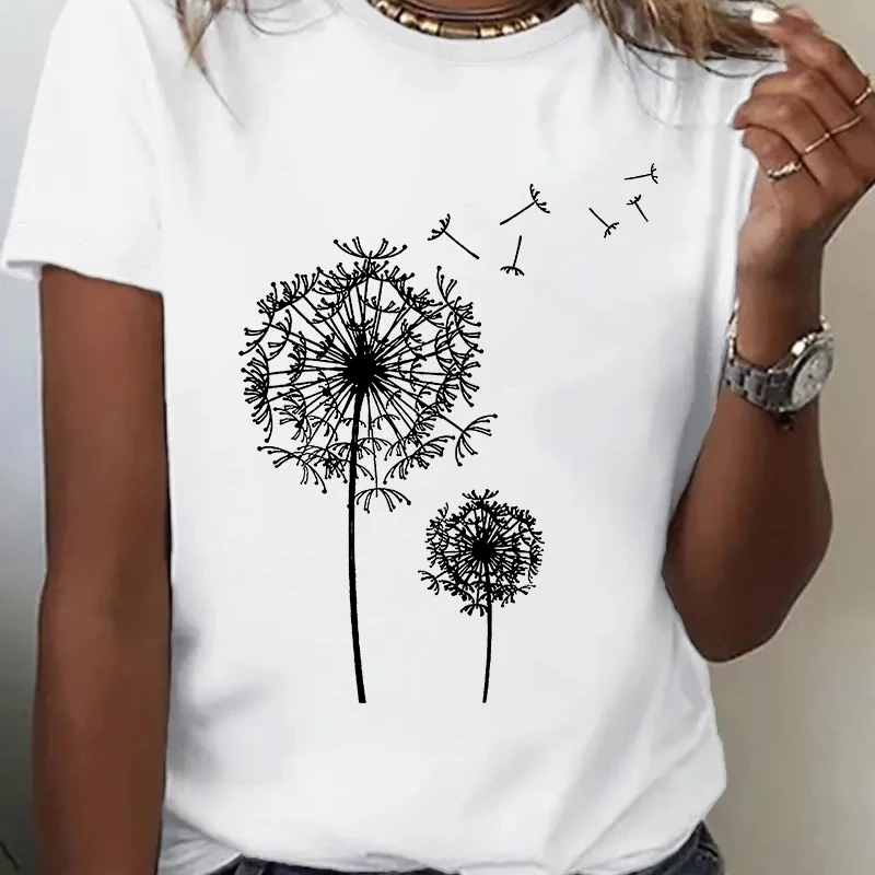 Dandelion impressão tripulação pescoço camiseta feminina menina harajuku y2k 90s casual manga curta topo para primavera verão, roupas femininas