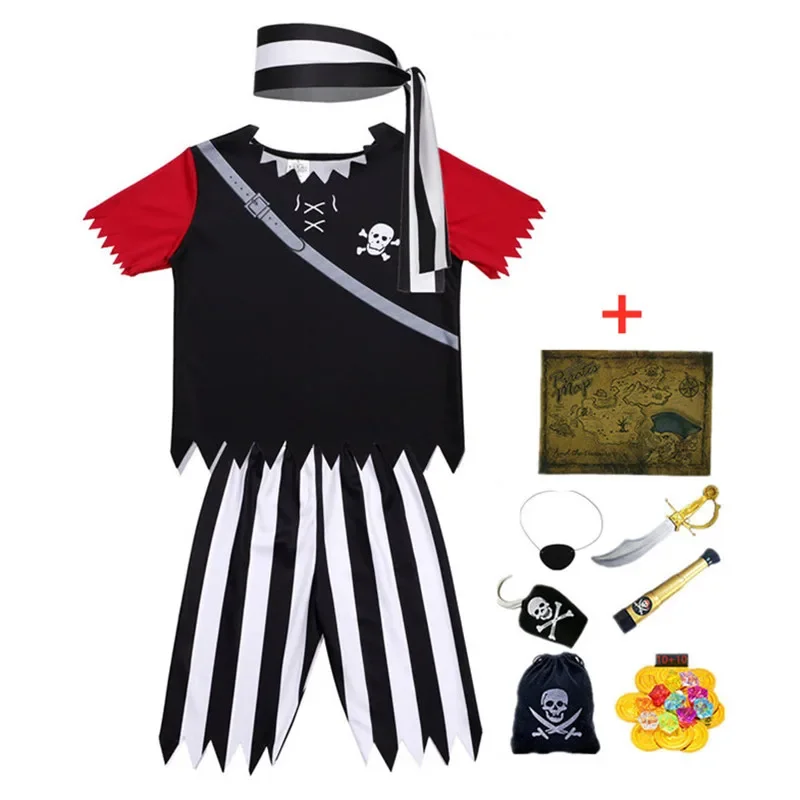 3-12Y Kids Pirate Skeleton Costume Set with Eye Patch Bandana Striped Pants for Halloween Cosplay Role Play Party Toy Dress Up