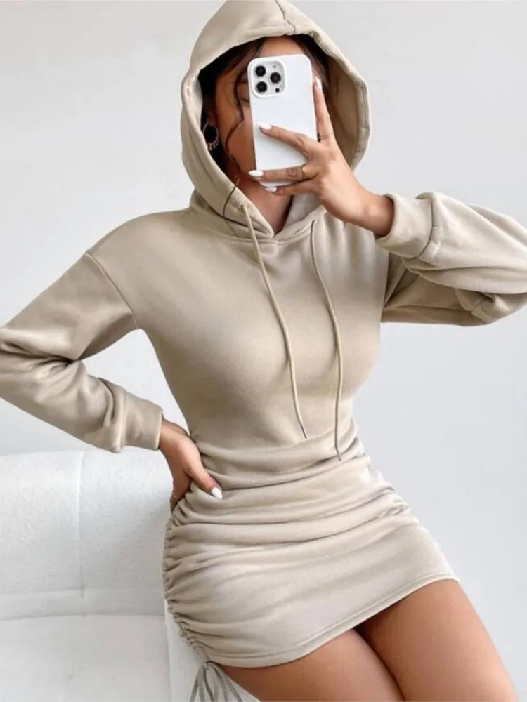 Women\'s Autumn Winter New Sexy Style Drawstring Design Hooded Bag Hip Long Sleeved Hooded Sweatshirt Skirt For Women