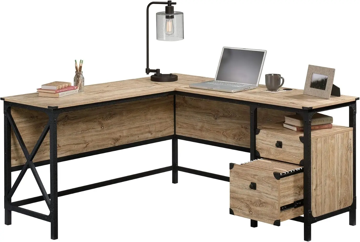 Steel River L-Shaped Desk, L: 59.84 x W: 57.32 x H: 29.53, Milled Mesquite Finish