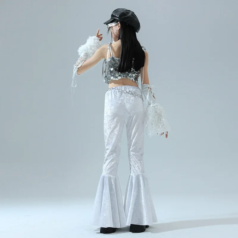 Girls Jazz Dance Performance Silver Glitter Vest Bell Bottom Pants Hip-hop Suit Street Dance Clothes Catwalk Show Costume