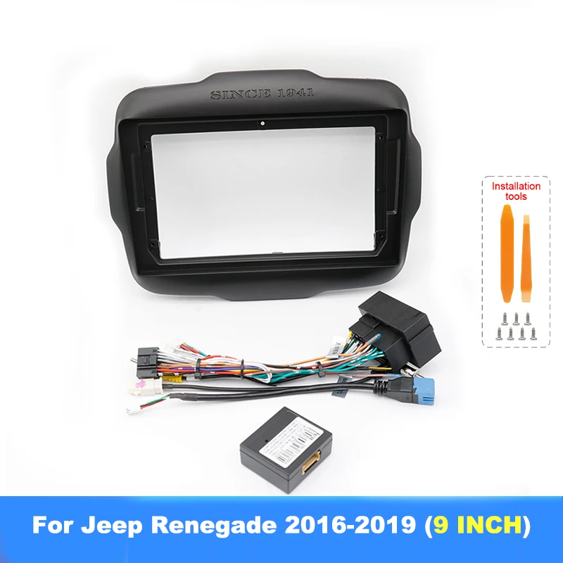 Car Radio Fascias Frame For Jeep Renegade 2014-2021 9 inch 2DIN Stereo Panel Wiring Harness Power Cord Adapter Canbus Decoder
