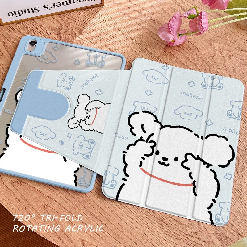 

For iPad Case Rotating Clear Back, Tri-Fold Stand & Pencil Holder for iPad Pro 11/Air 6-5/Mini 7-6/10.9/10.2" (All Models)