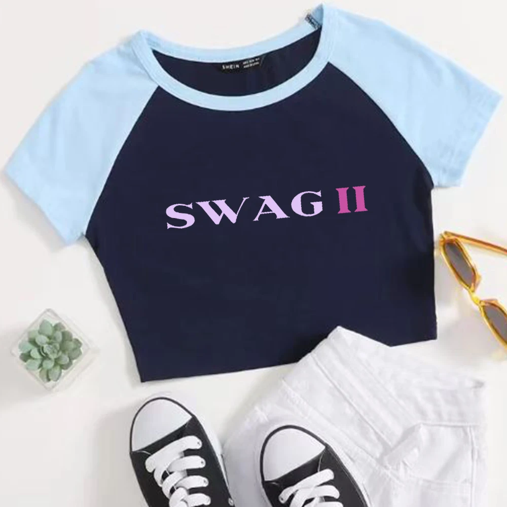 جاستن بيبر SWAG II 2025 جاستن SWAG 2 قمصان صيفية قصيرة للفتيات ألوان محظورة بأكمام قصيرة ورقبة دائرية