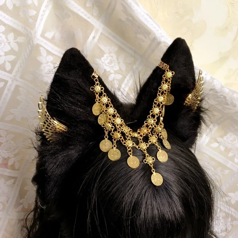 Golden Wings Cosplay Anubis Headband Tassel Alloy Animal Ears Hairband Gothic Plush Egypt Style Headwear Hair Styling Accessory