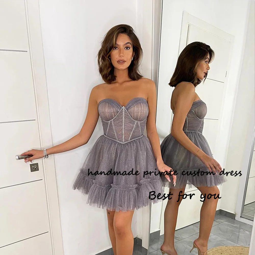 

Gray Sparkly Short Cocktail Dresses Bone Corset Sweetheart Evening Party Dress Pleats Tulle Formal Prom Dress