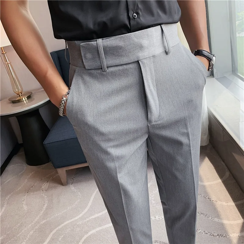 High Waist Dress Pants British Style Men 2024 Spring Casual Solid Color Trousers Fashion Slim Fit Formal Suit Pants Men Clothing