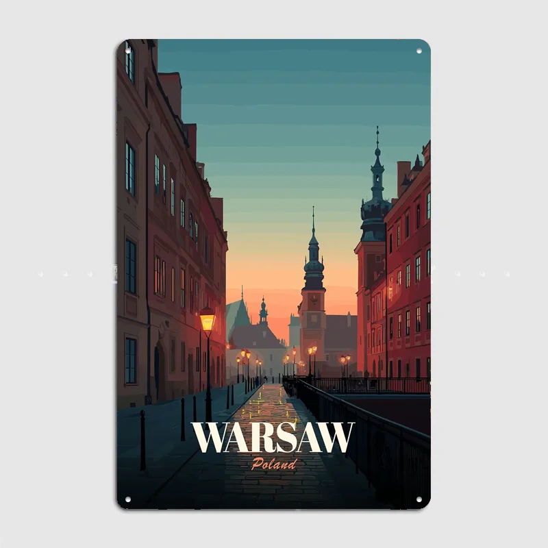 Warsaw, Poland at Dusk Travel Poster Metal Sign Life Wall Custom Bedroom Indoor Home Wall Decor Posters Room Decoration