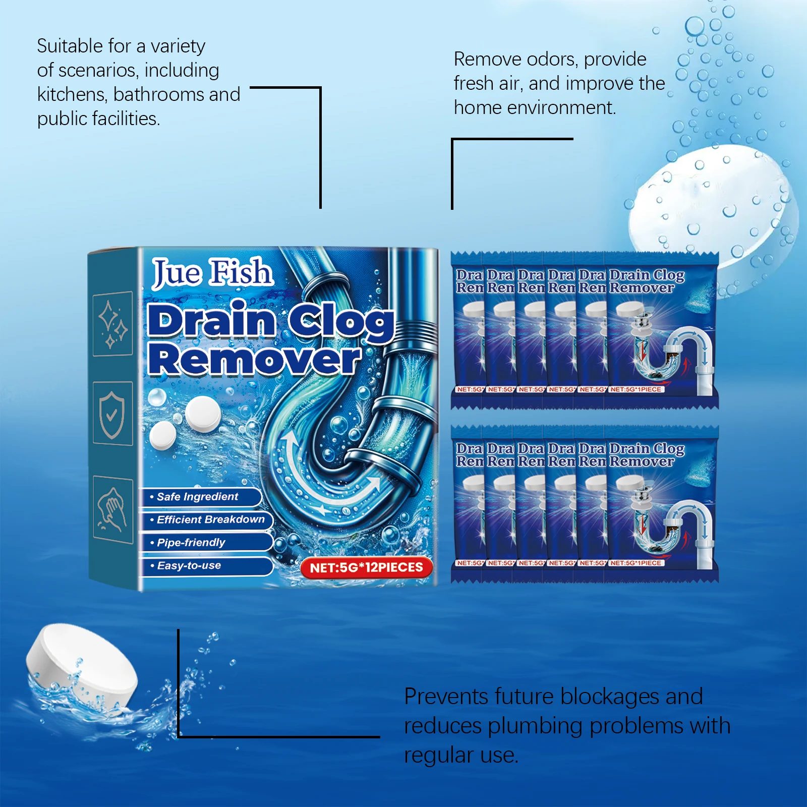 12PCS Drain Clog Remover Effervescent Tablets Quick Dissolve Stubborn Dirt Unclogging Pipe-friendly Eliminate Oodr Pipe Cleaner