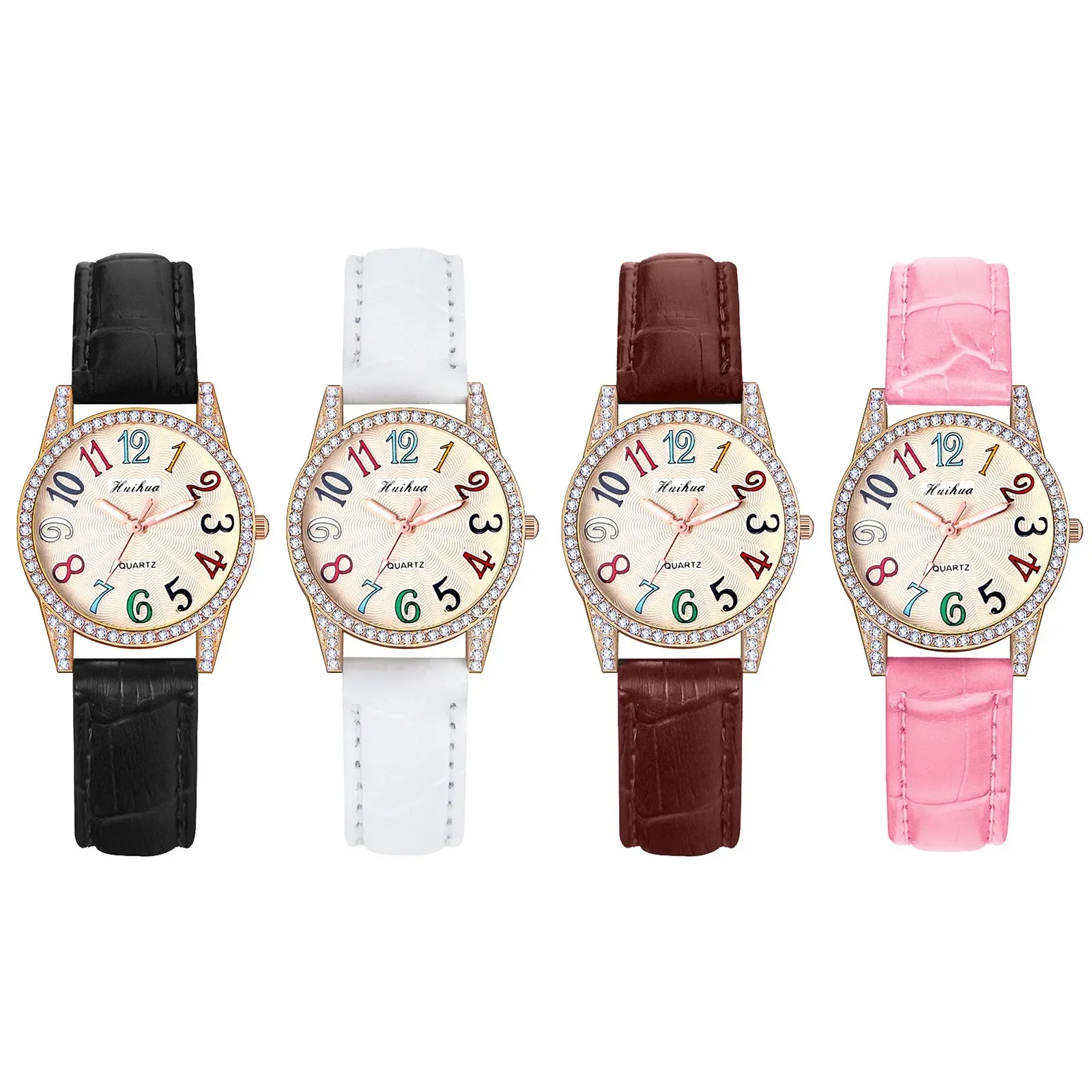 FLONGO Kids Girls Colorful Arabic Numerals Rhinestone Dial PU Leather Band Watch Quartz