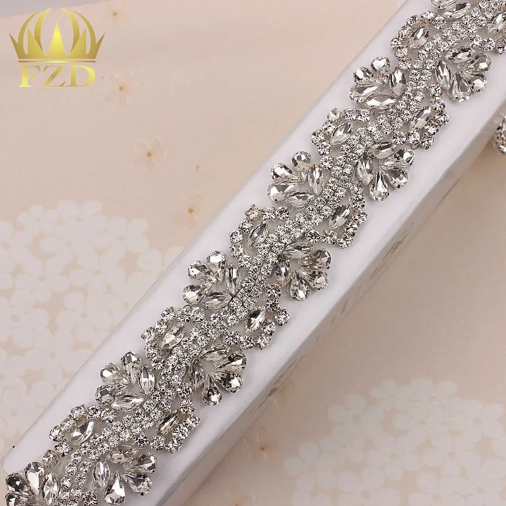 FZD 1 Yard Iron on Hotfix Beaded Sewing Bridal Wedding Dresses Rhinestone Crystal Applique Trim Sash Headbands Appliques Crystal