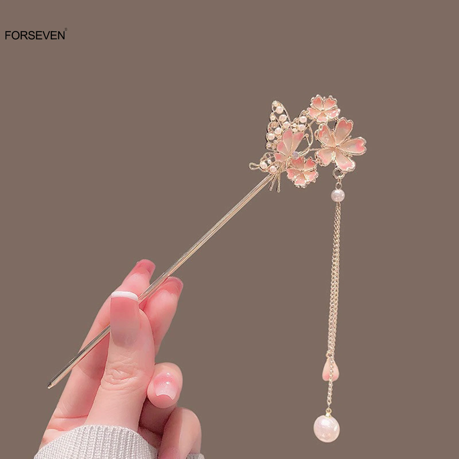 Blush Pink Flower Hair Sticks Forks Butterfly Headpieces Pearls Long Tassel Hairpins Chinese Style Hair Jewelry Women Hairclips