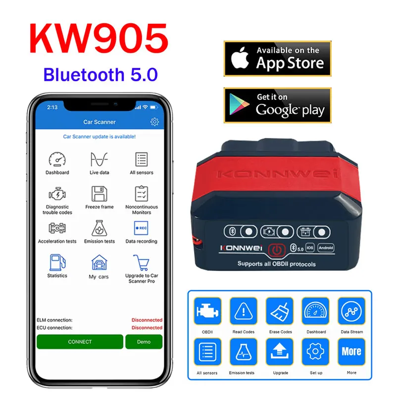 

KONNWEI KW905 OBD2 сканер Bluetooth5.0 ELM327 V1.5 автомобильный диагностический инструмент ELM 327 OBD 2 ELM-327 OBDII считыватель кодов для Android/iOS