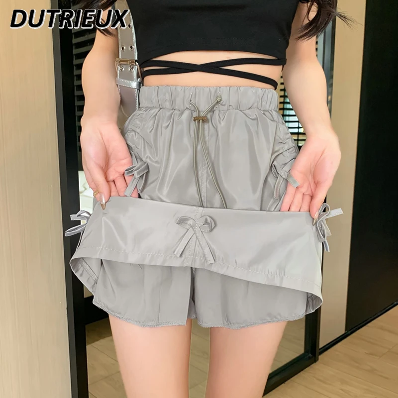 

INS Bow Elastic Waist Drawstring Sweet Cool Hot Girl Suit Short Skirt Women's Summer High Waisted Slimming A- Line Skirt