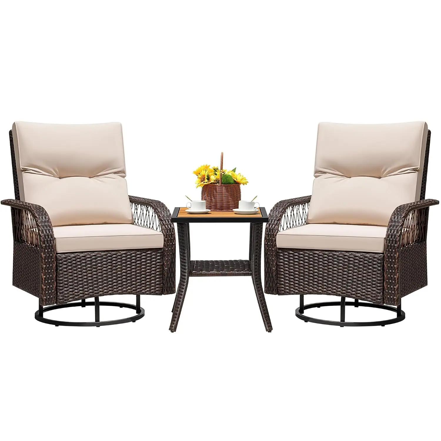 3-Piece Outdoor Swivel Rocker Wicker Patio Set with Side Table & Detachable Cushions for Deck Poolside, Customized