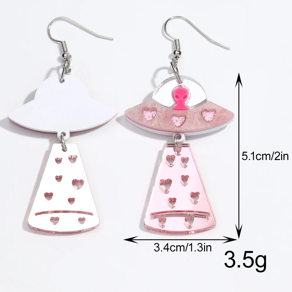 New Mirrored UFO Alien Acrylic Earrings for Women Glitter Pink Rocket Spaceship Long Drop Earring Creative Jewelry Birthday Gift