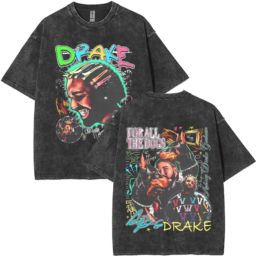 

Washed Vintage Rapper Drake for All The Dogs T-shirt Men Women Hip Hop Fashion Pop Music T Shirt 100% Cotton Short Sleeve Tshirt