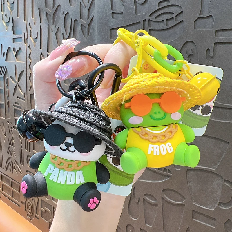Kreative verrückte Zoo Strohhut Panda Auto Schlüssel anhänger Anhänger Paar Cartoon Rucksack hängen
