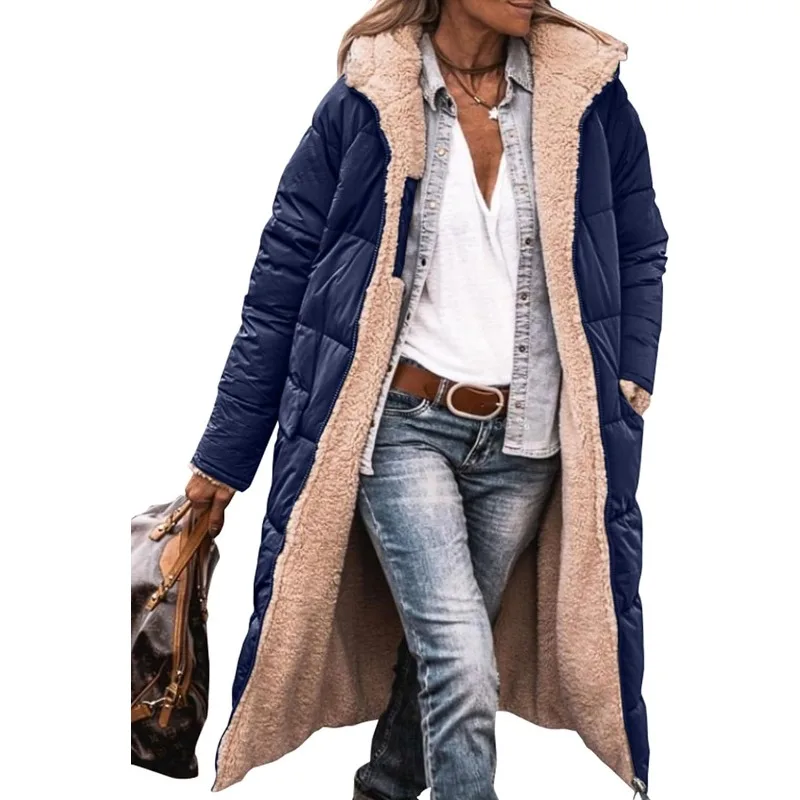 Dames 2023 Warme Winterjassen Omkeerbare Sherpa Fleece Lange Pufferjassen Met Capuchon Bovenkleding