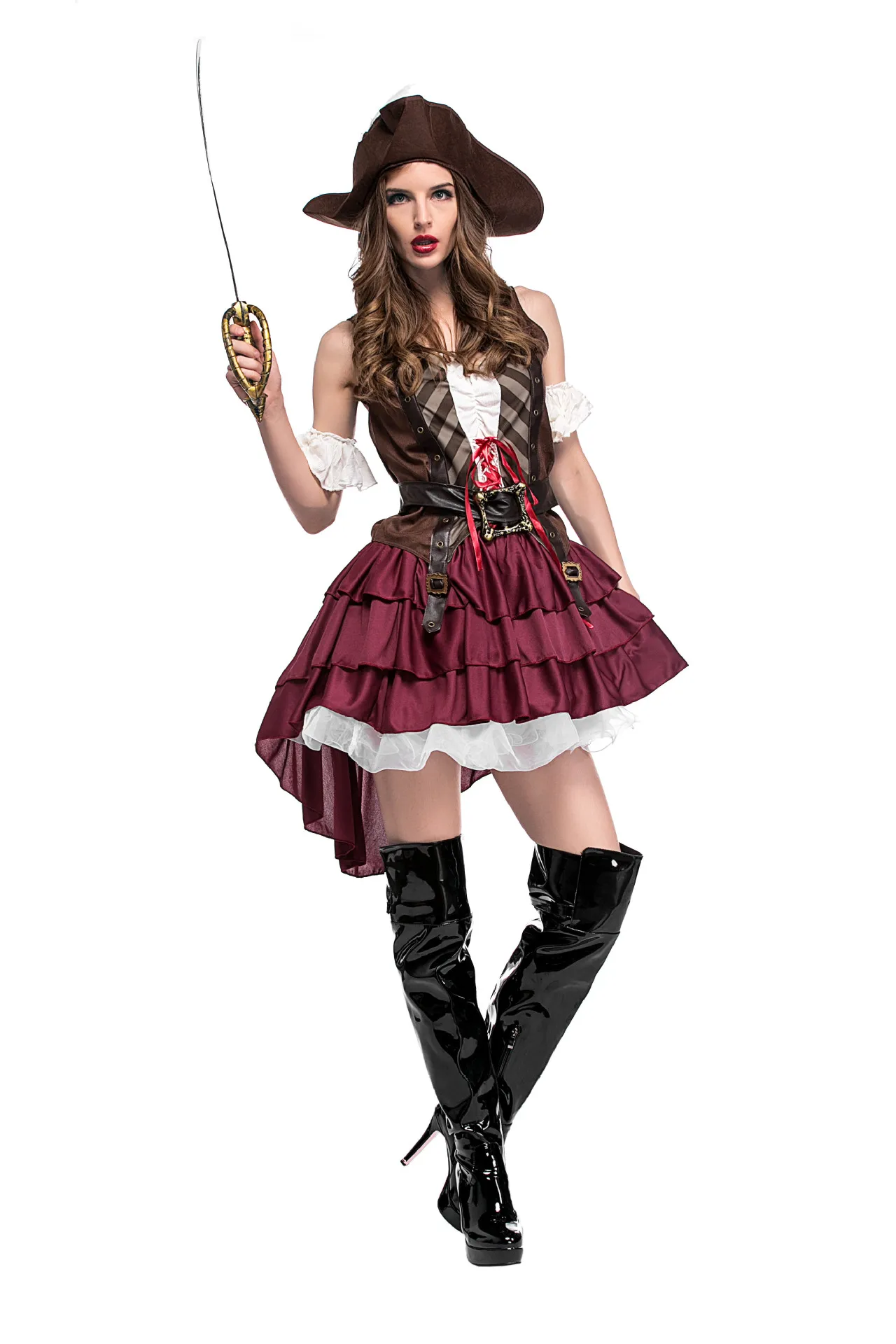 

Halloween Women Cosplay Caribbean Pirate Costume Drama Stage Performance Red Sexy Pleated Dress Hat Captain Jack Role Play