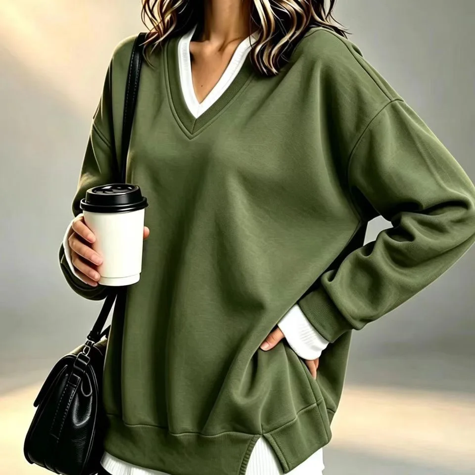 Autumn And Winter Two-piece V-neck Sweatshirt, Loose Fit, 1240; Casual, §124; Plus-size, Color-block Design, Multifunctional For