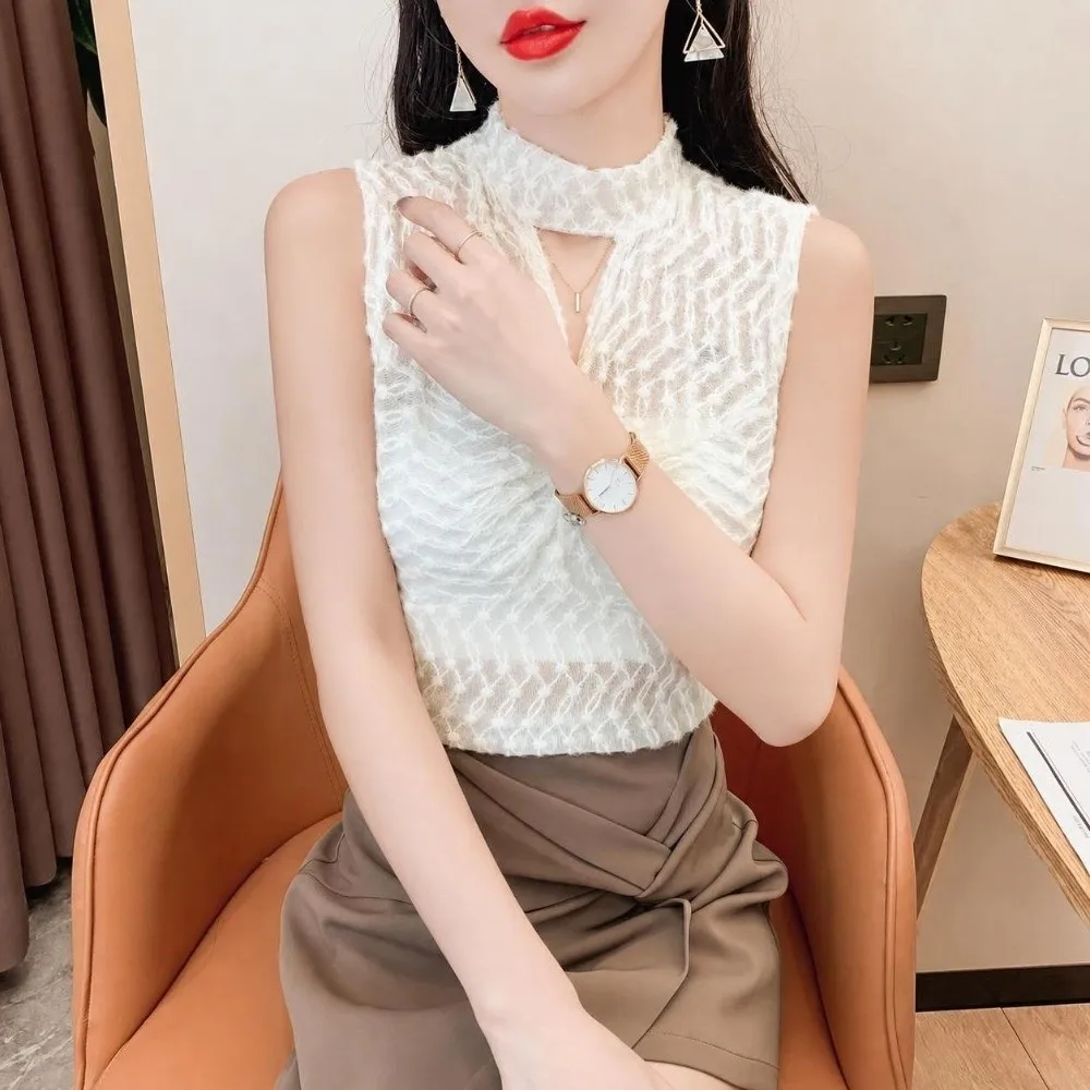 Modern High Neck Lace Tank Top Sleeveless Sheer Mesh Twist Front Vest Lace Trim Slim Fit Keyhole Neck Top Autumn Layering
