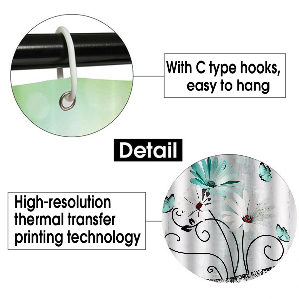 1/4 Piece Shower Curtain Set, Waterproof Bathroom Partition Curtain with Hooks, Anti-Slip Bath Rug, U Shape Mat, Toilet Seat Cov