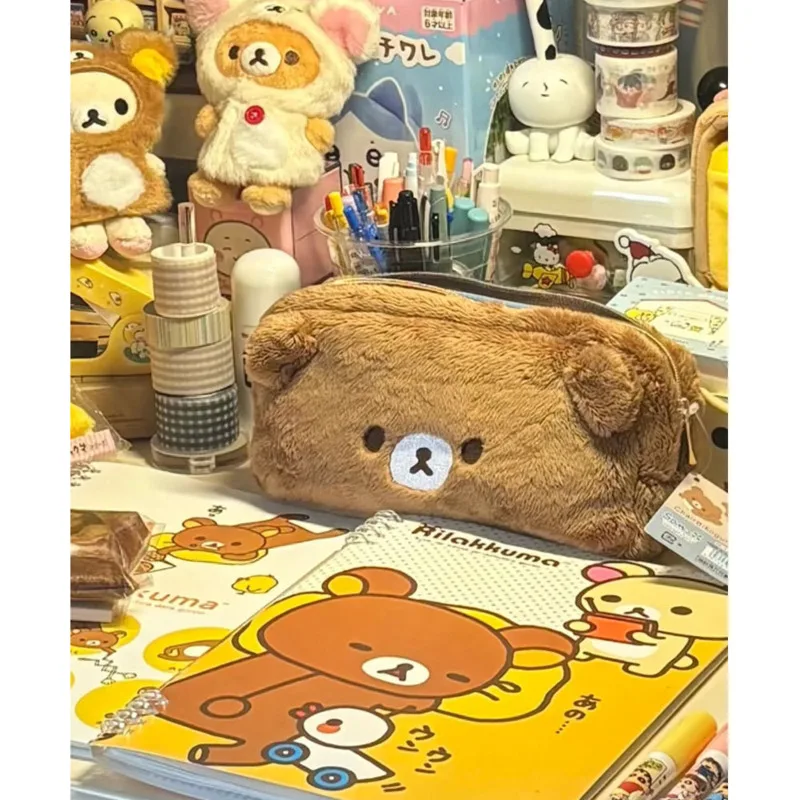 Rilakkuma caso de lápis de pelúcia bonito bordado pequeno urso orelhas de pelúcia saco de maquiagem moda grande capacidade saco de lápis de pelúcia caneta bolsa