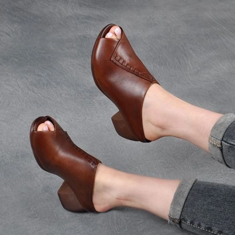 Comemore 2025 Retro Women Slippers Soft Shoes Close Toe High Heels Slides Black Mules Flip Flops for Summer Medium Heel Slides