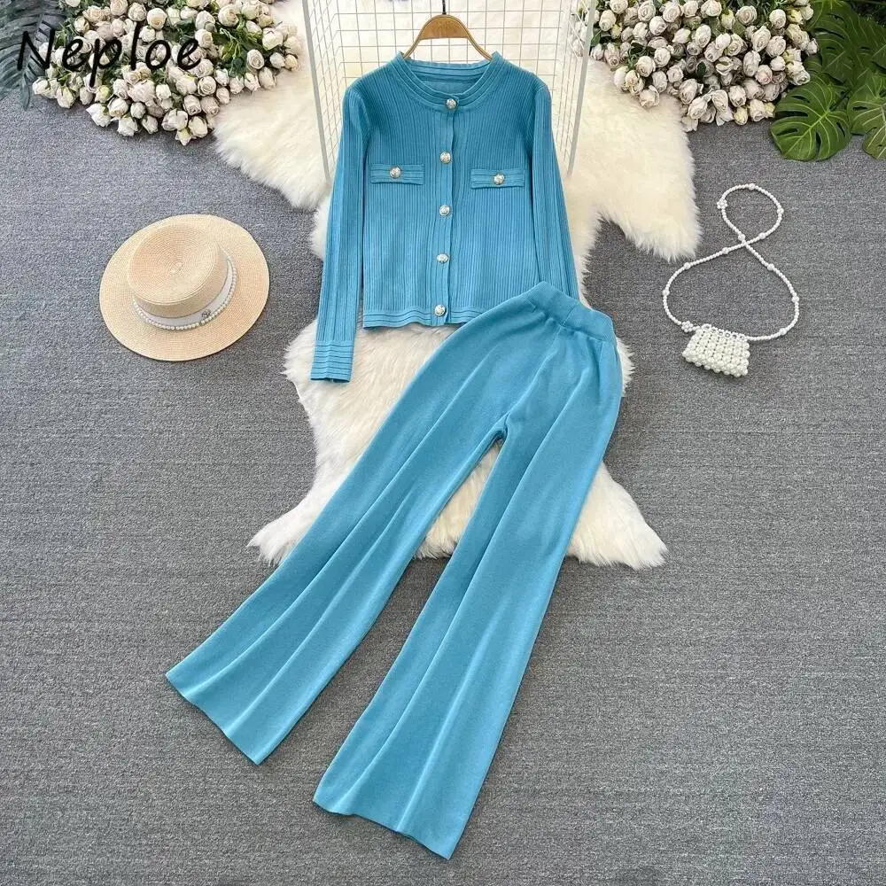 Korea Chic Minority O Neck Knit Cardigan Straight High Waist Slim Wid Leg Pants Solid Casual Personalized Suit Pant