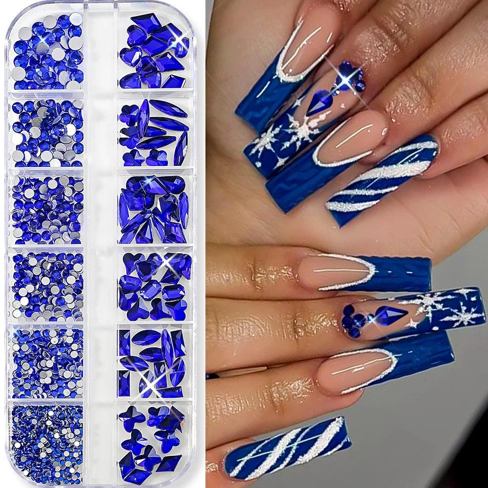 12 rasters/doos blauwe strass nagelbedels gemengd formaat multi-vormen kristal edelstenen nagel sieraden plaksteen diamant steen manicure onderdelen