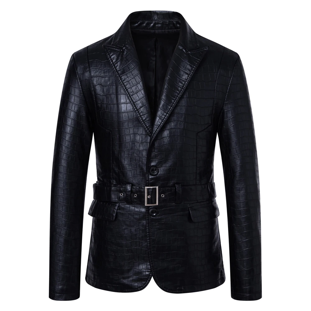 Autumn Men's Crocodile Embossed PU Leather Blazer Men Streetwear Motorcycle Coats Men Windbreaker Leather Jacket With Waist Belt