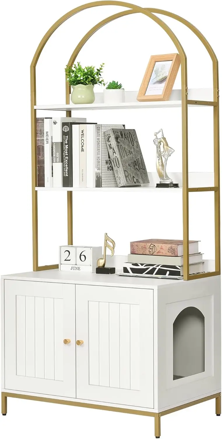 Modern Cat Litter Box Enclosure with Storage Shelves, White and Gold Wooden Furniture for Hidden Toilet Area