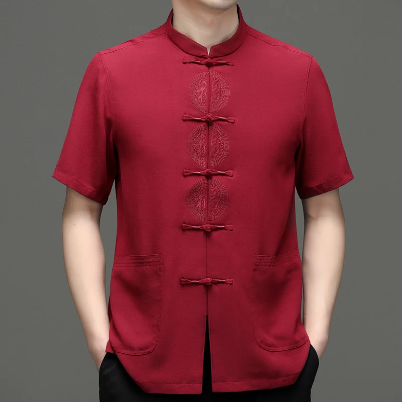 Embroidered Chinese Elements Shirts For Men Short Sleeve Designer Summer Quality Soft Comfortable Tang Costume Camisas De Hombre