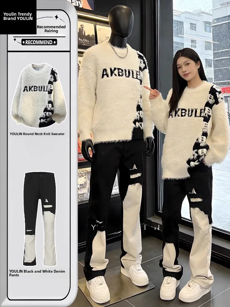 

Men's round Ne Knitted Sweater Winter Casual Faion Letter Embroidery Camere Denim Hole Design Comfortable Soft Polyester