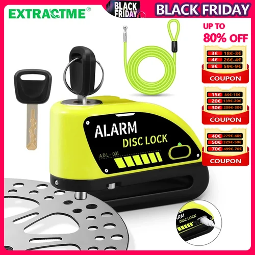 Gadpow-cerradura para motocicleta, cerradura de freno de disco con alarma recargable de 120dB, cerradura de disco de rueda de seguridad antirrobo, resistente al agua con Cable de 1,8 M
