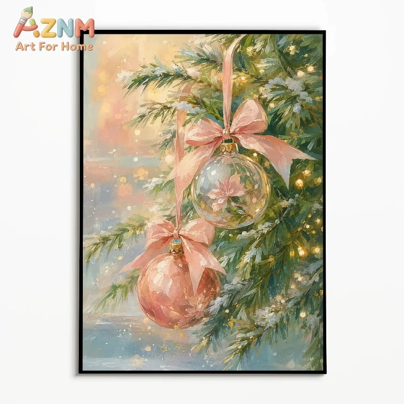 Unframed Pink Christmas Ornament Canvas Wall Art Watercolor Pine Branch Bauble Bow Happy Holidays Print Poster Farmhouse Winter