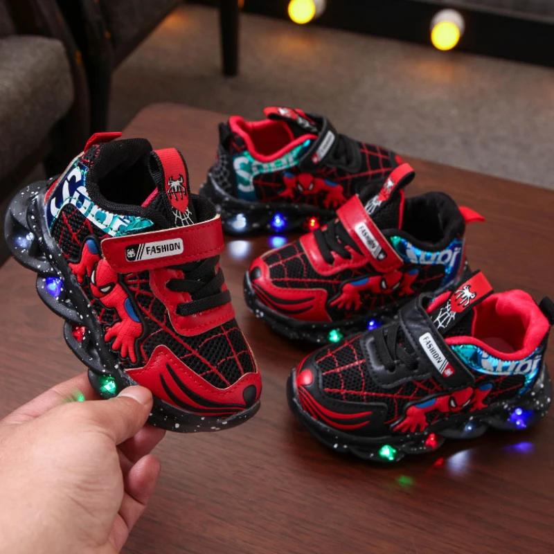 Disney Children's Led Light Sneakers Fashion Aoger Spiderman Boys Sport Shoes Cartoon Casual Shoes Breathable Outdoor Shoes