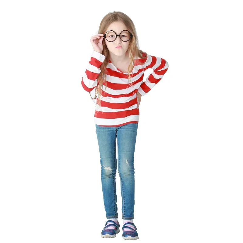 

Halloween Wheres Waldo Red White Striped Shirt Men Wally Round Glasses and Hat Costume Set Classic Unisex Cosplay Outfit