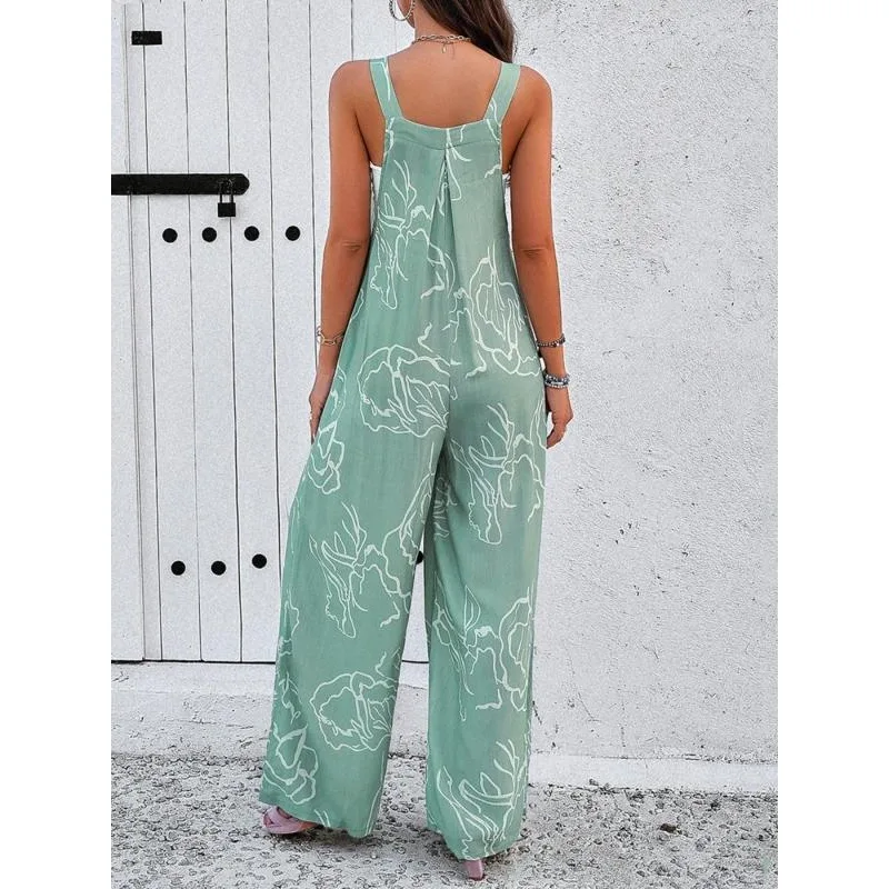 Plus Size Women's New Fashion Button Sexy Sleeveless Suspender Temperament Printed Casual Belt Pocket Jumpsuit image 4