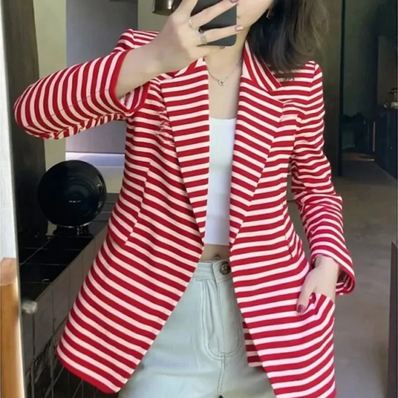 

2026 New Fashion Design Red Stripe Suit Jacket Spring Autumn Coat Women's Bleizer Suit Top Casual Versatile Coffee Thickened