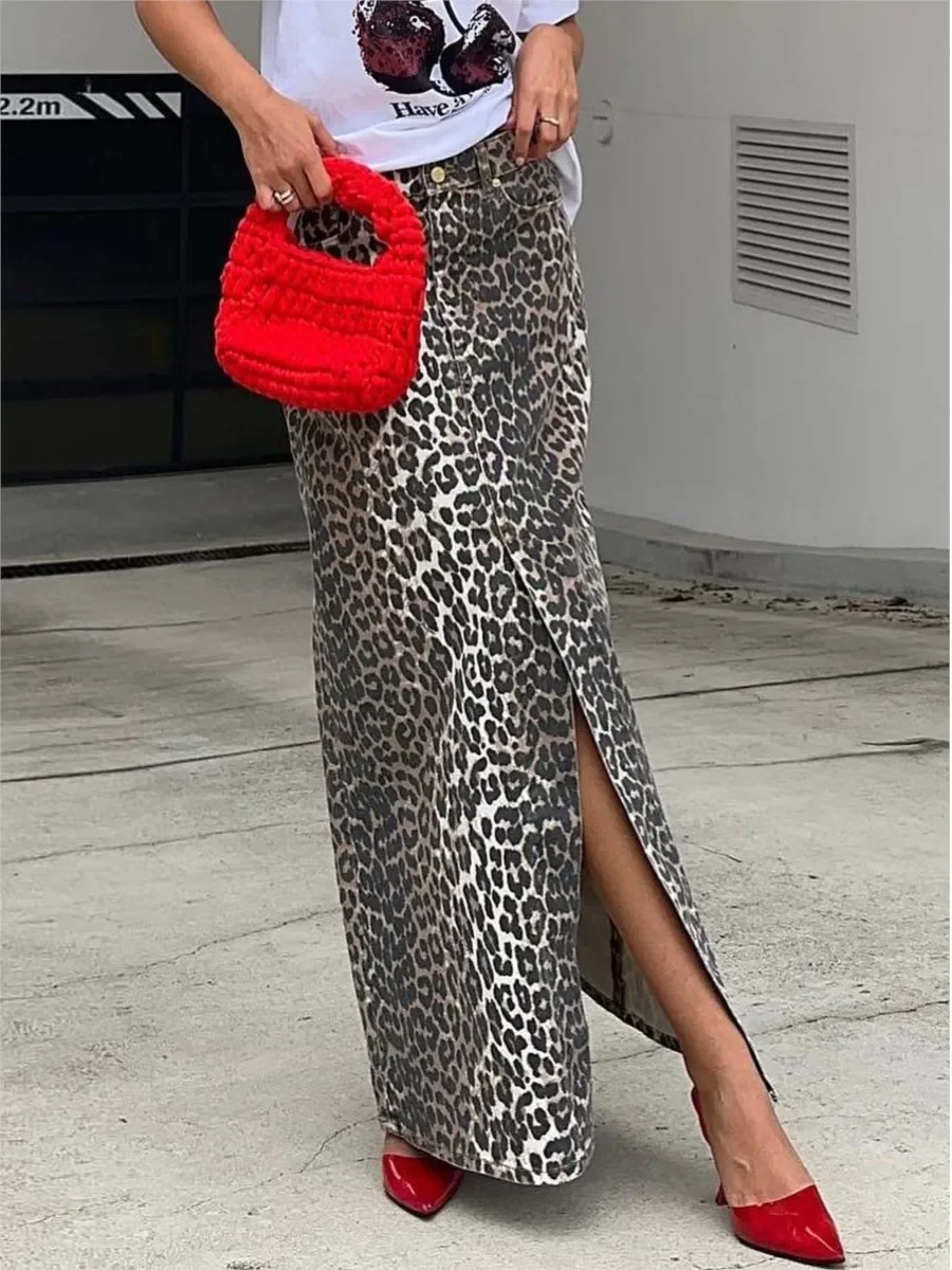 

Leopard Print Split Denim Skirt Women 2024 New High Waist Pocket Straight Midi Skirts Streetwear Fashion Office Lady Long Faldas